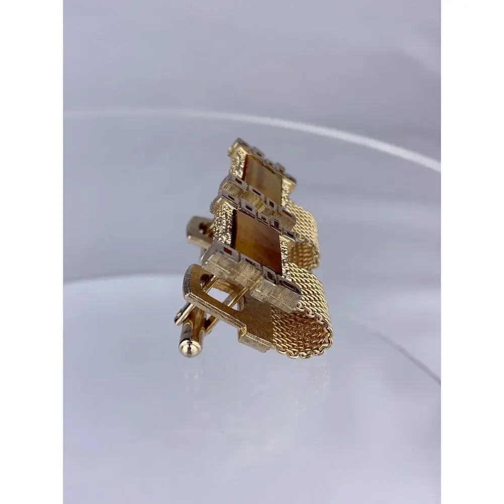 Tigers Eye Mesh Wrap Gold Tone Cufflinks Squares Modernist Retro
